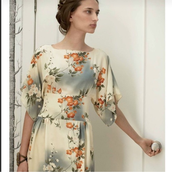 Anthropologie x Anna Sui Jonquil Sky Floral Silk Kimono Dress sz 6 GUC - Picture 1 of 6